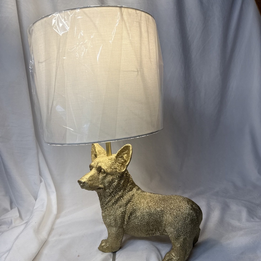 Marshall's Homesense Corgi Dog Brushed Gold Table Lamp White Shade NEW - Picture 2 of 14